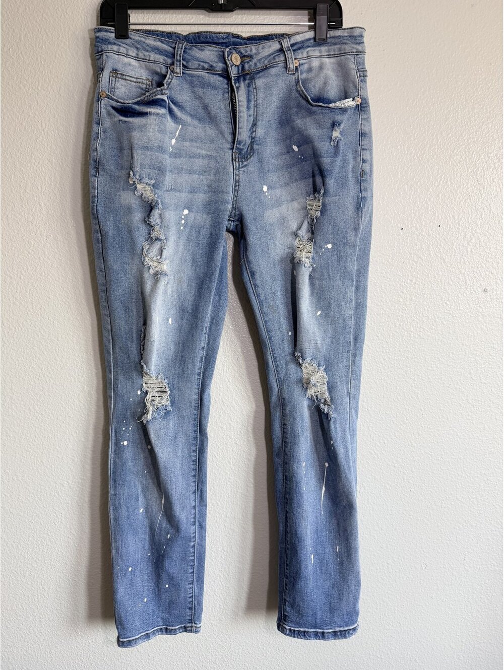 KUNMI Light Wash Distressed Skinny Jeans Paint Splatter Destroyed Size XL